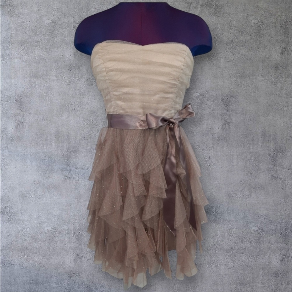 Teeze Me Strapless Layered Cocktail Dress Dusty Rose & Cream Gold Shimmer Size 9